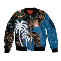Fiji Palm Tree and Australia Kangaroo Sleeve Zip Bomber Jacket Aboriginal Mix Tapa Pattern