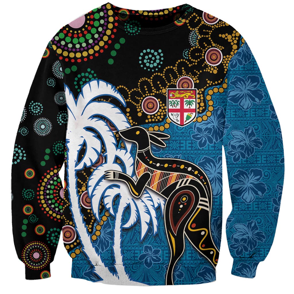 Fiji Palm Tree and Australia Kangaroo Sweatshirt Aboriginal Mix Tapa Pattern