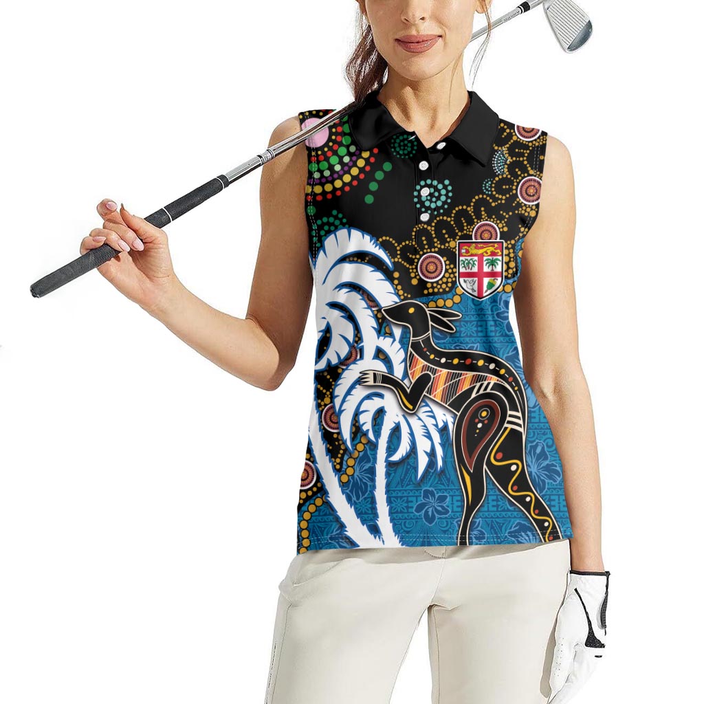 Fiji Palm Tree and Australia Kangaroo Women Sleeveless Polo Shirt Aboriginal Mix Tapa Pattern