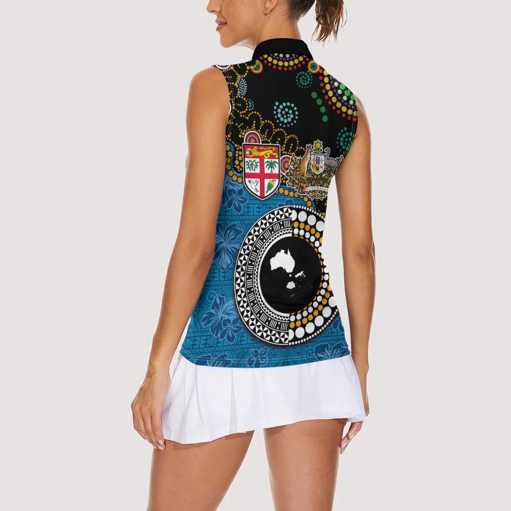 Fiji Palm Tree and Australia Kangaroo Women Sleeveless Polo Shirt Aboriginal Mix Tapa Pattern