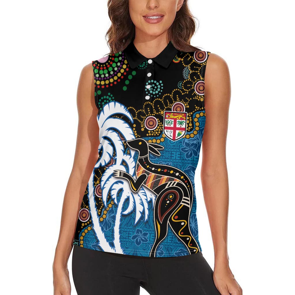 Fiji Palm Tree and Australia Kangaroo Women Sleeveless Polo Shirt Aboriginal Mix Tapa Pattern