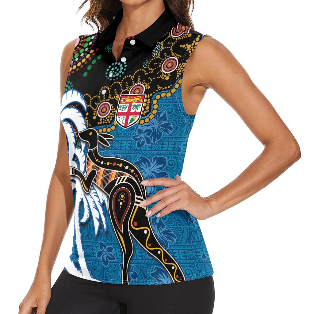Fiji Palm Tree and Australia Kangaroo Women Sleeveless Polo Shirt Aboriginal Mix Tapa Pattern