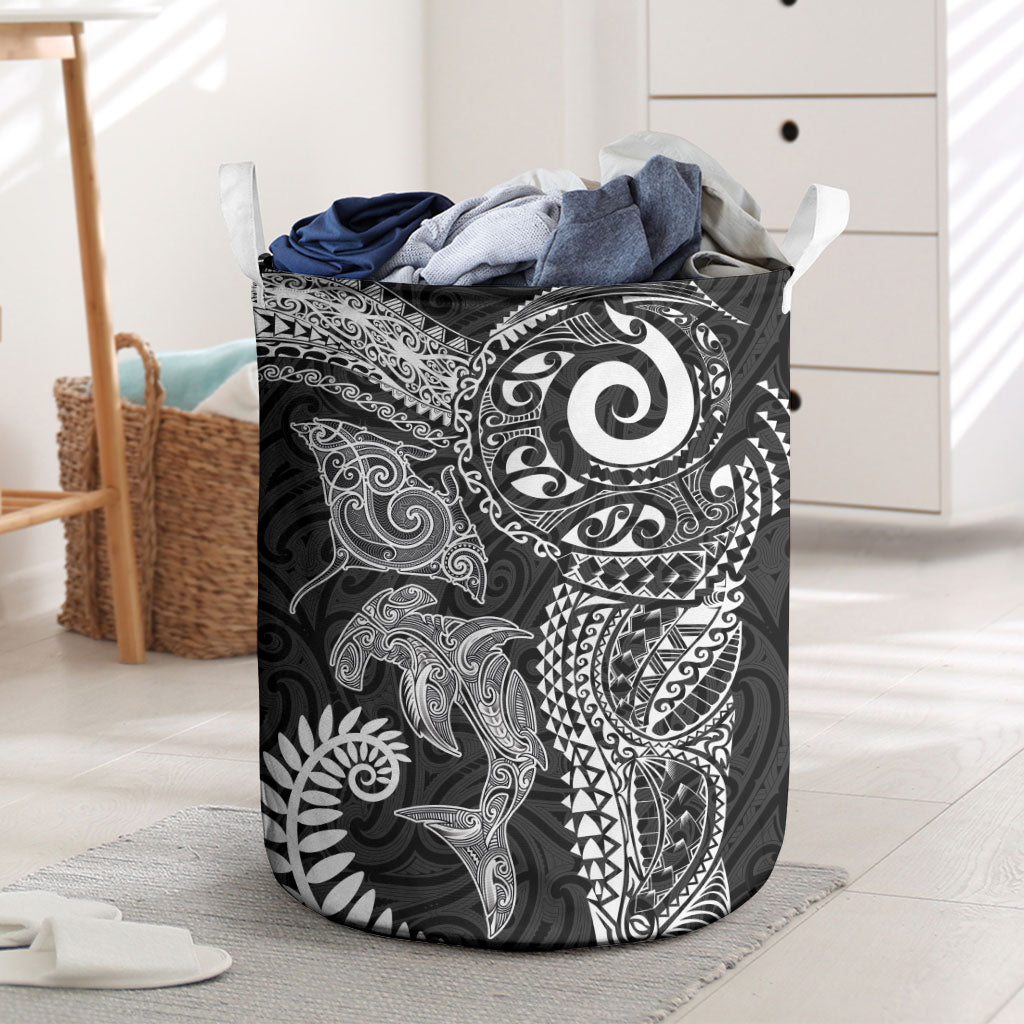 Aotearoa Maori Sea Animals Tribal Laundry Basket Manta Ray and Shark Moko Pattern Black Color LT03 Black - Polynesian Pride