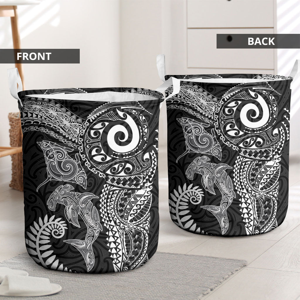 Aotearoa Maori Sea Animals Tribal Laundry Basket Manta Ray and Shark Moko Pattern Black Color