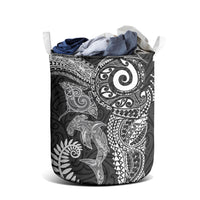 Aotearoa Maori Sea Animals Tribal Laundry Basket Manta Ray and Shark Moko Pattern Black Color