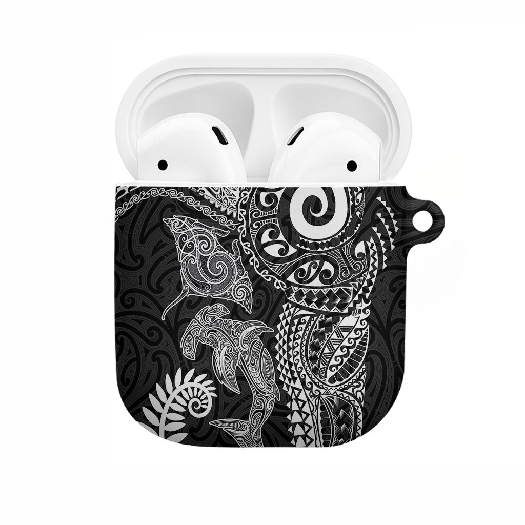 Aotearoa Maori Sea Animals Tribal AirPods Case Manta Ray and Shark Moko Pattern Black Color LT03 Black - Polynesian Pride