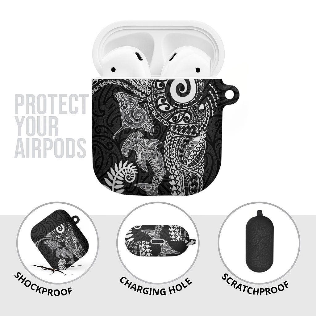 Aotearoa Maori Sea Animals Tribal AirPods Case Manta Ray and Shark Moko Pattern Black Color