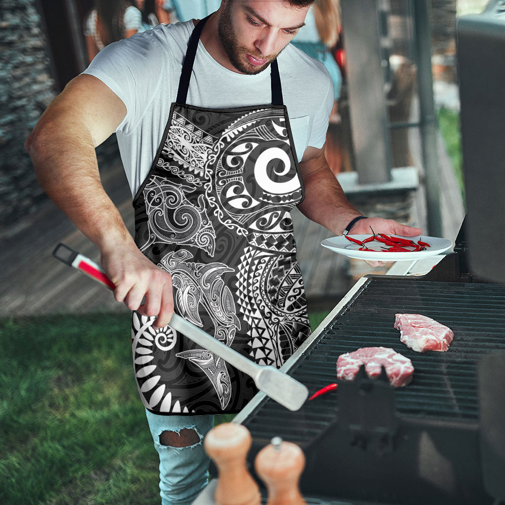 Aotearoa Maori Sea Animals Tribal Apron Manta Ray and Shark Moko Pattern Black Color