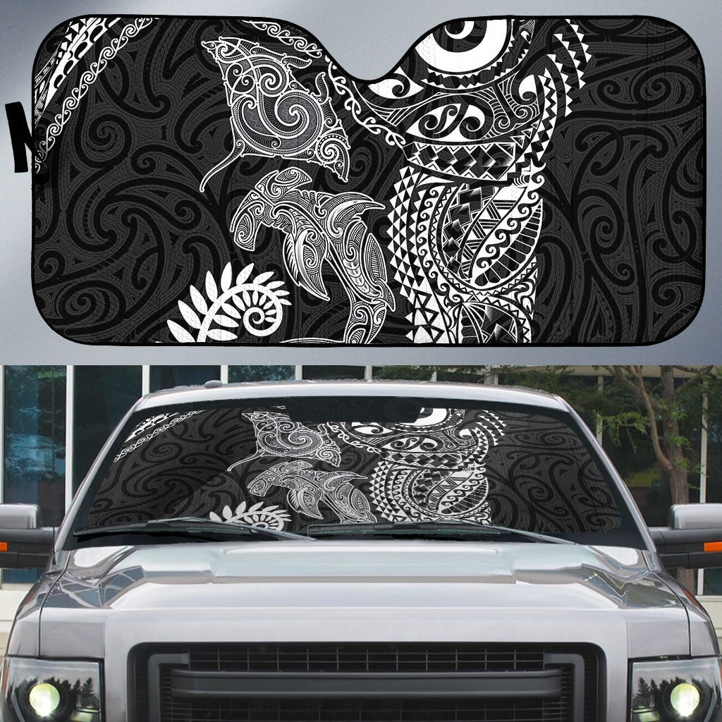 Aotearoa Maori Sea Animals Tribal Auto Sun Shade Manta Ray and Shark Moko Pattern Black Color