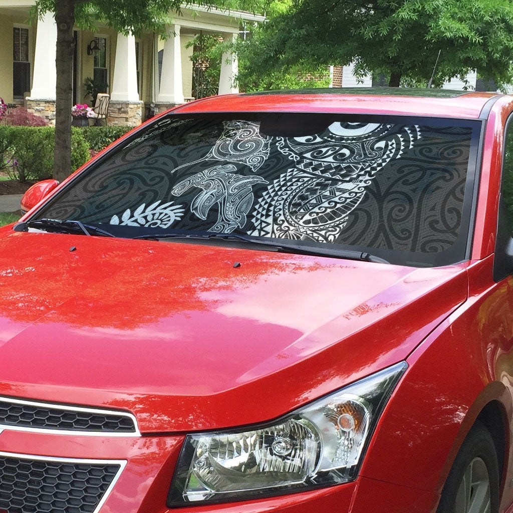 Aotearoa Maori Sea Animals Tribal Auto Sun Shade Manta Ray and Shark Moko Pattern Black Color
