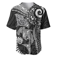 Aotearoa Maori Sea Animals Tribal Baseball Jersey Manta Ray and Shark Moko Pattern Black Color