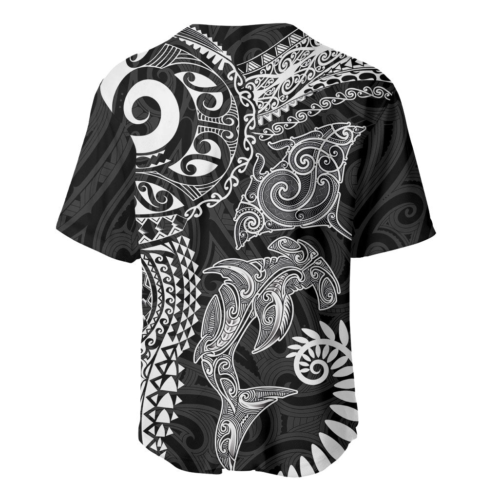 Aotearoa Maori Sea Animals Tribal Baseball Jersey Manta Ray and Shark Moko Pattern Black Color