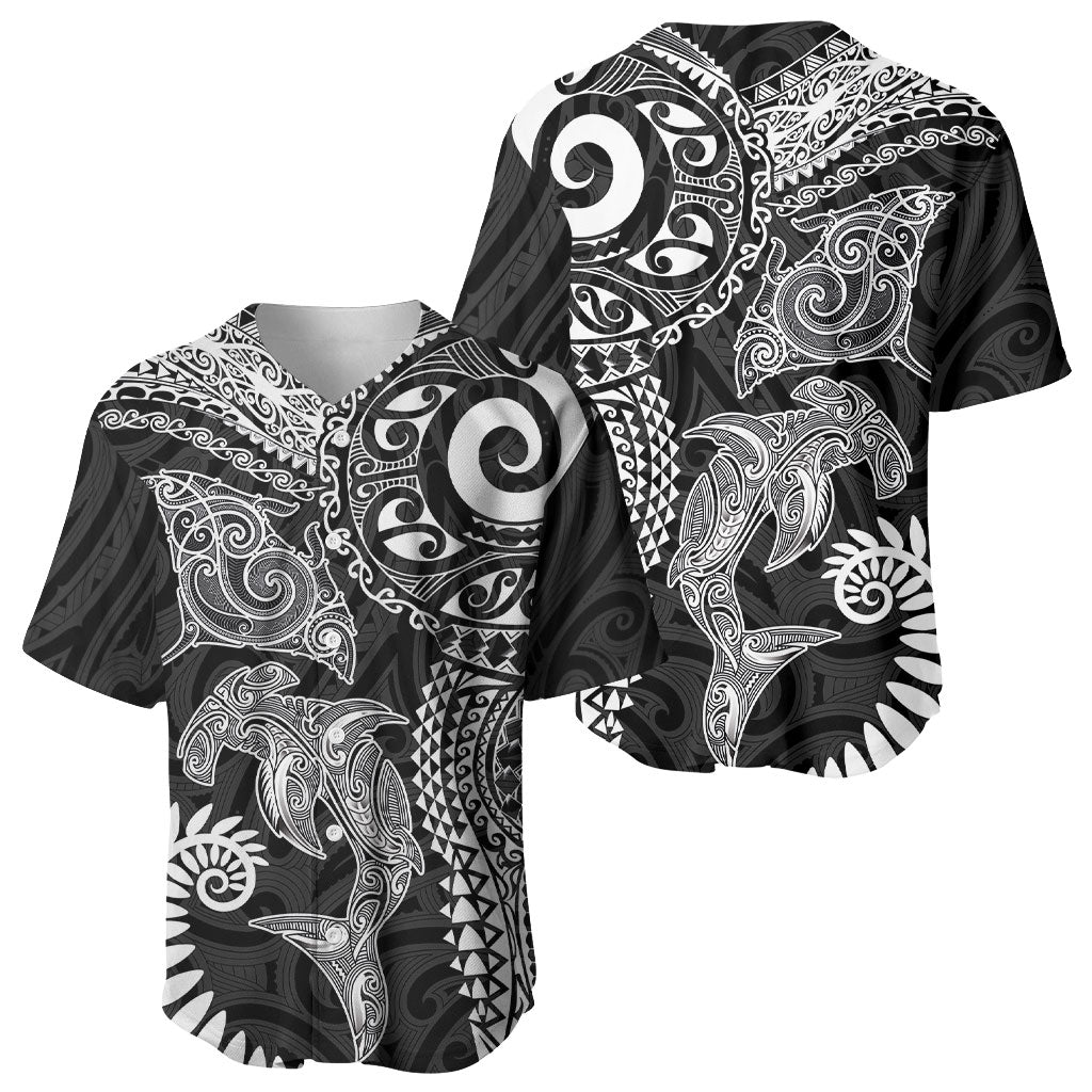 Aotearoa Maori Sea Animals Tribal Baseball Jersey Manta Ray and Shark Moko Pattern Black Color