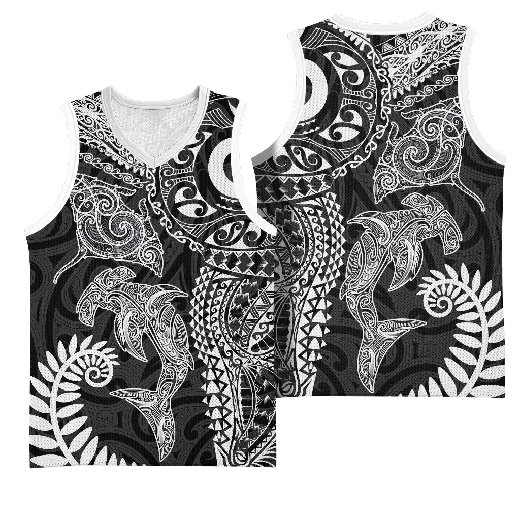Aotearoa Maori Sea Animals Tribal Basketball Jersey Manta Ray and Shark Moko Pattern Black Color