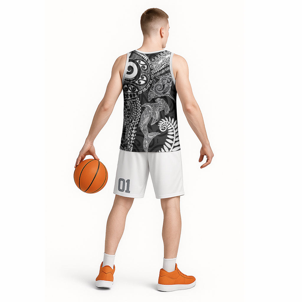 Aotearoa Maori Sea Animals Tribal Basketball Jersey Manta Ray and Shark Moko Pattern Black Color