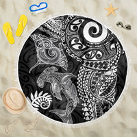 Aotearoa Maori Sea Animals Tribal Beach Blanket Manta Ray and Shark Moko Pattern Black Color