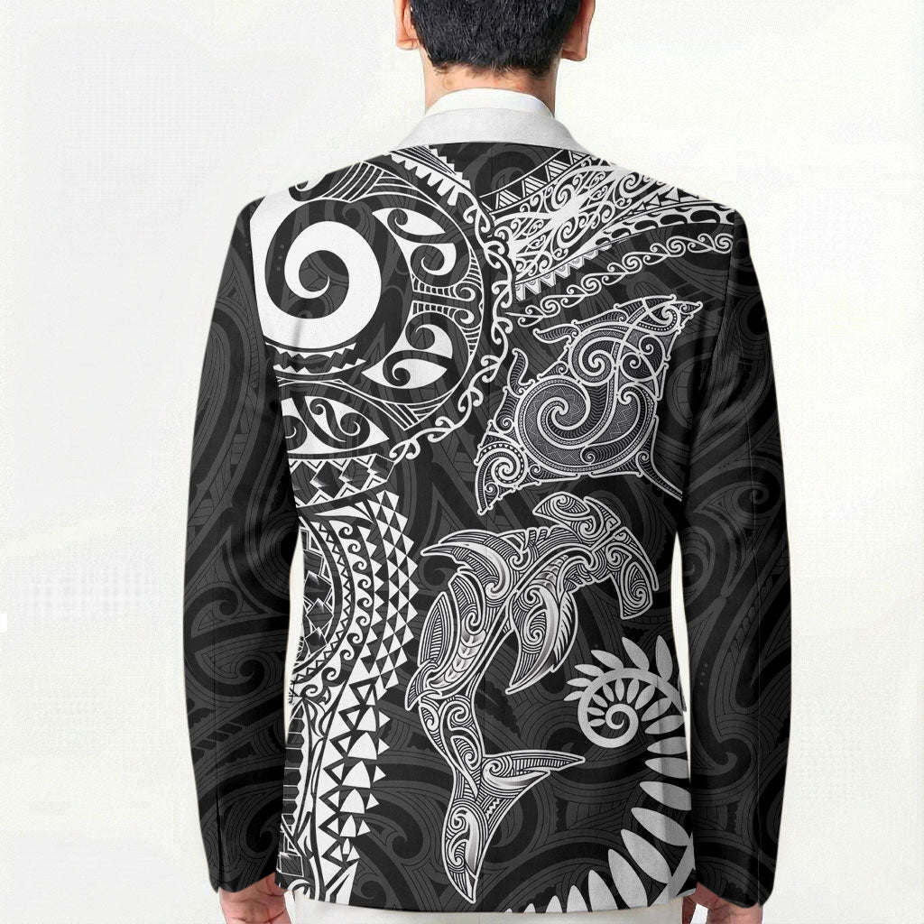 Aotearoa Maori Sea Animals Tribal Blazer Manta Ray and Shark Moko Pattern Black Color