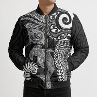 Aotearoa Maori Sea Animals Tribal Bomber Puffer Jacket Manta Ray and Shark Moko Pattern Black Color