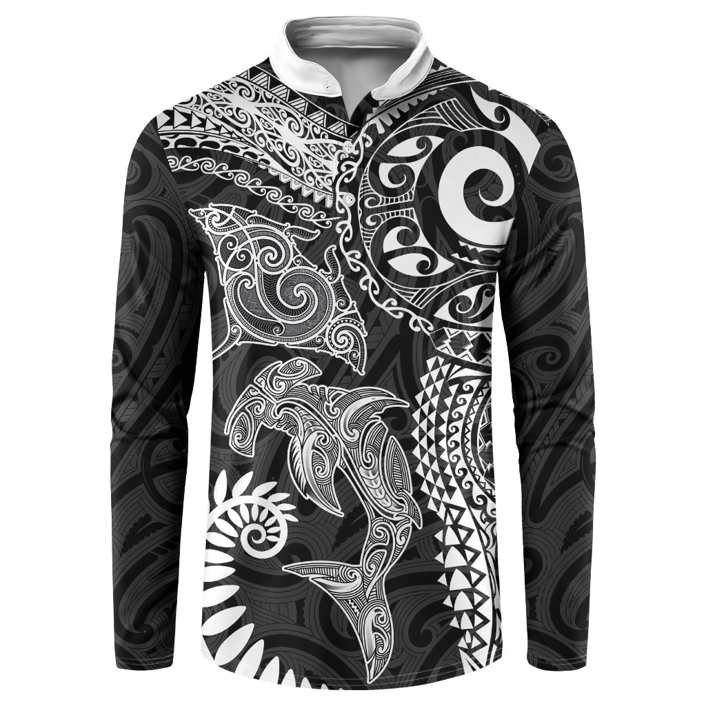 Aotearoa Maori Sea Animals Tribal Button Sweatshirt Manta Ray and Shark Moko Pattern Black Color