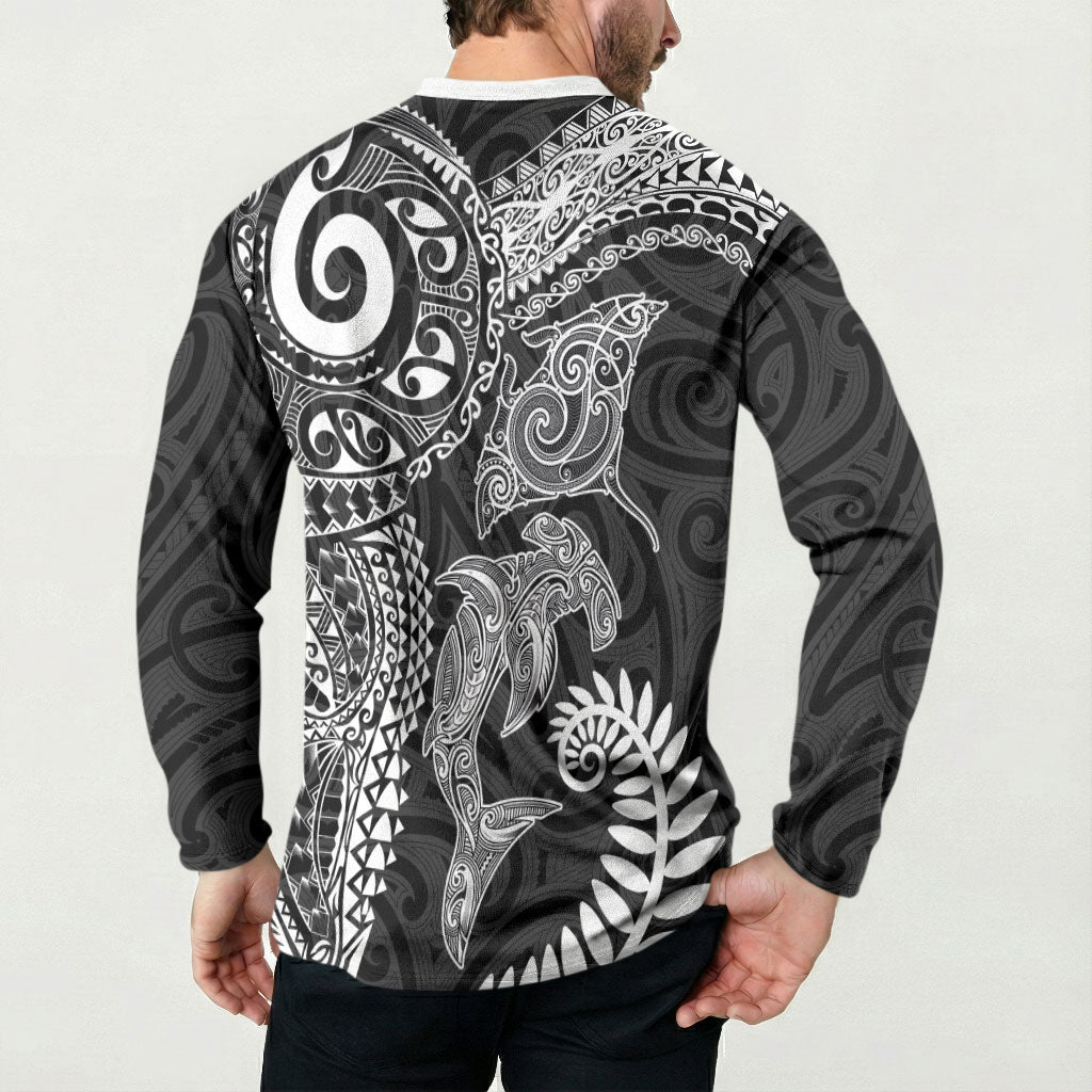 Aotearoa Maori Sea Animals Tribal Button Sweatshirt Manta Ray and Shark Moko Pattern Black Color