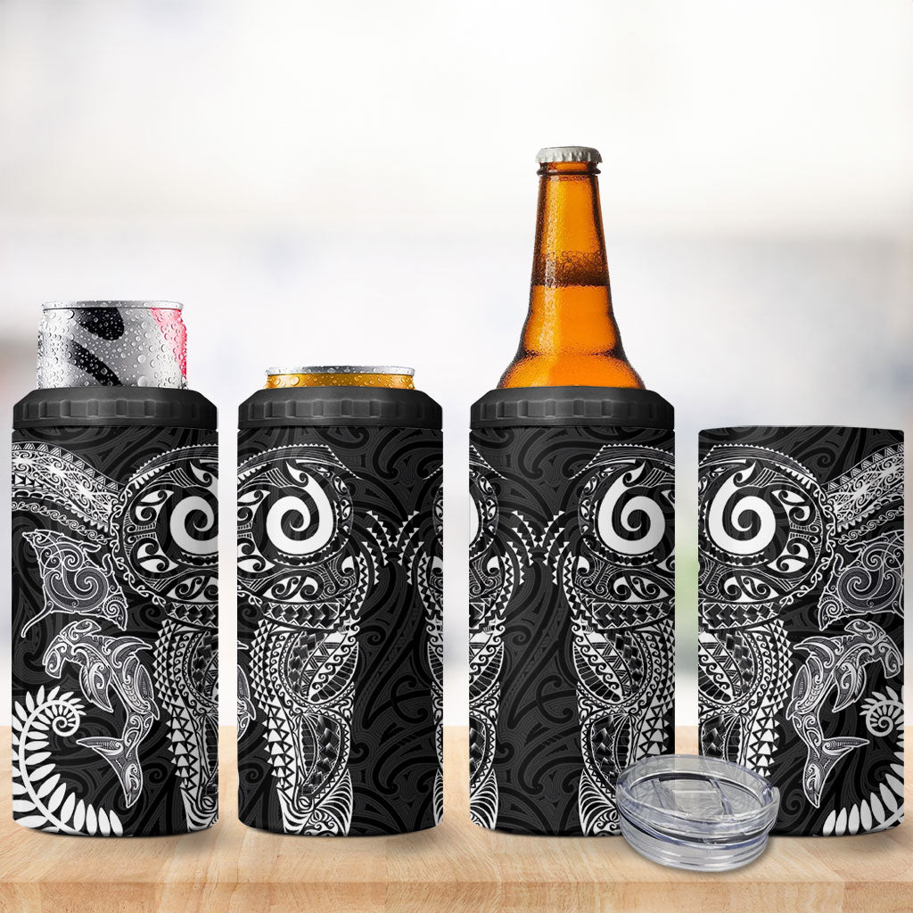 Aotearoa Maori Sea Animals Tribal 4 in 1 Can Cooler Tumbler Manta Ray and Shark Moko Pattern Black Color