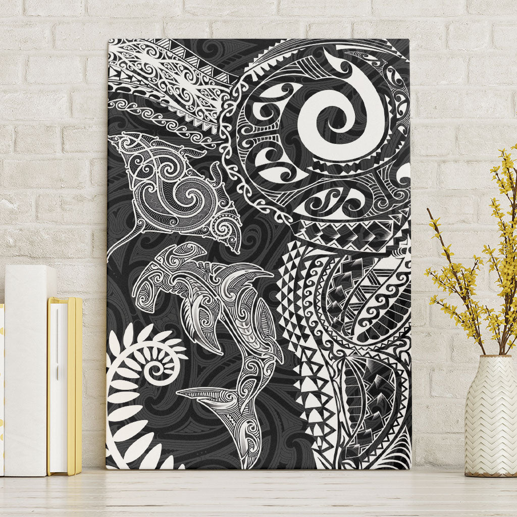 Aotearoa Maori Sea Animals Tribal Canvas Wall Art Manta Ray and Shark Moko Pattern Black Color