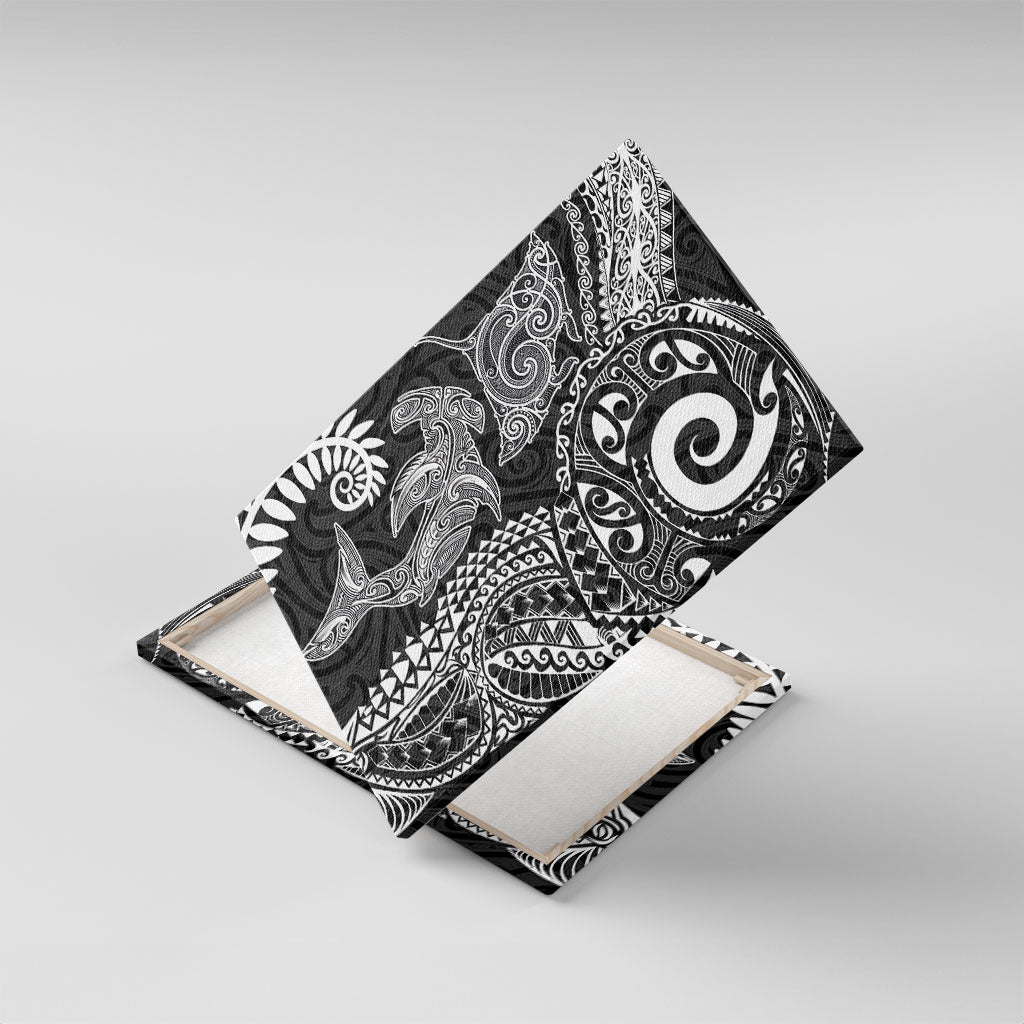 Aotearoa Maori Sea Animals Tribal Canvas Wall Art Manta Ray and Shark Moko Pattern Black Color