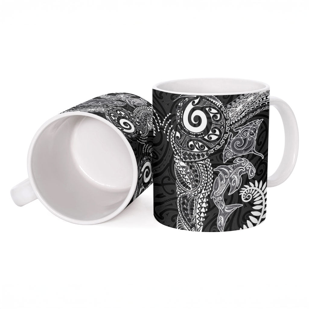 Aotearoa Maori Sea Animals Tribal Ceramic Mug Manta Ray and Shark Moko Pattern Black Color