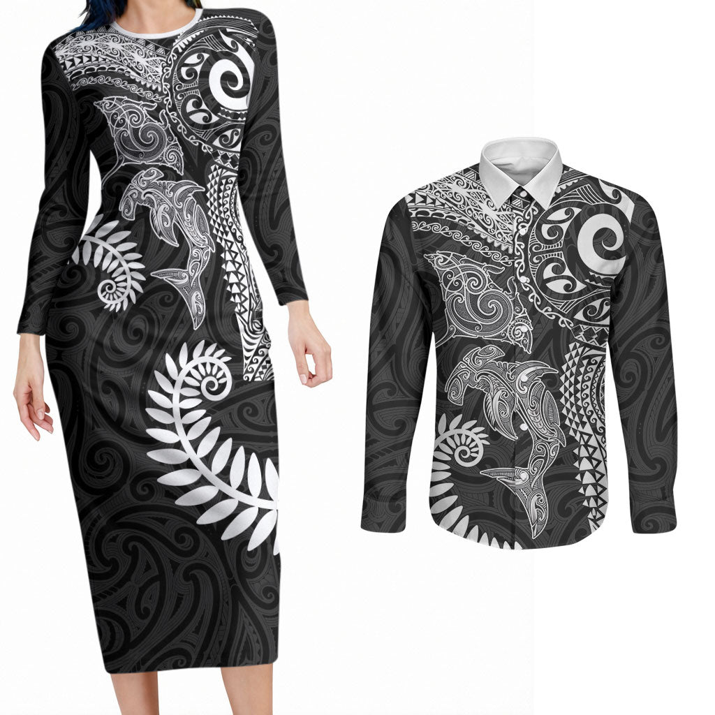 Aotearoa Maori Sea Animals Tribal Couples Matching Long Sleeve Bodycon Dress and Long Sleeve Button Shirt Manta Ray and Shark Moko Pattern Black Color LT03 Black - Polynesian Pride