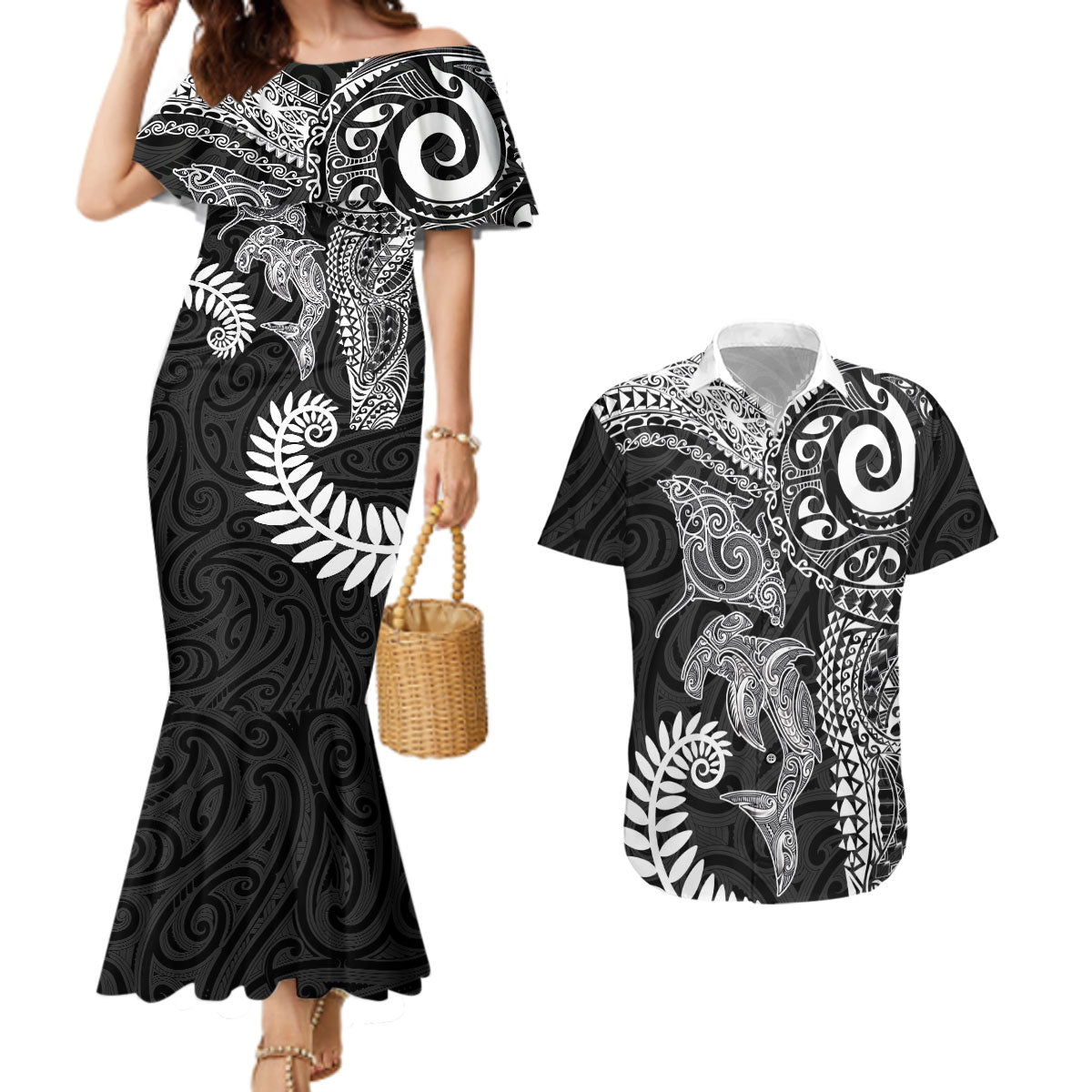 Aotearoa Maori Sea Animals Tribal Couples Matching Mermaid Dress and Hawaiian Shirt Manta Ray and Shark Moko Pattern Black Color LT03 Black - Polynesian Pride