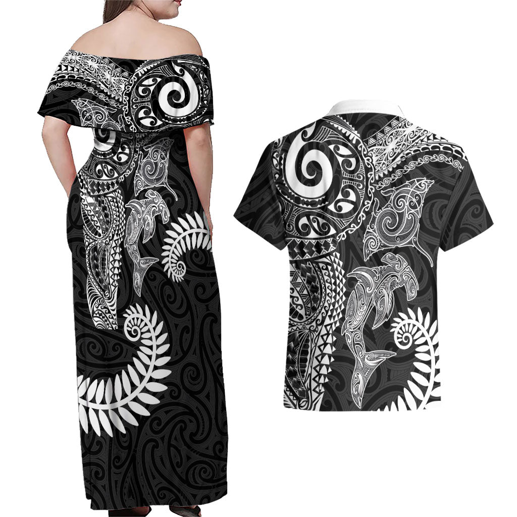 Aotearoa Maori Sea Animals Tribal Couples Matching Off Shoulder Maxi Dress and Hawaiian Shirt Manta Ray and Shark Moko Pattern Black Color