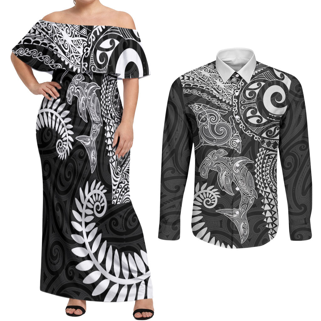 Aotearoa Maori Sea Animals Tribal Couples Matching Off Shoulder Maxi Dress and Long Sleeve Button Shirt Manta Ray and Shark Moko Pattern Black Color LT03 Black - Polynesian Pride
