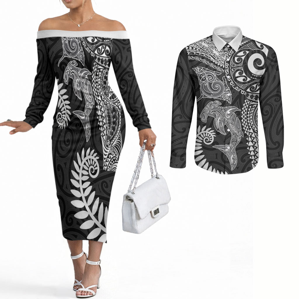 Aotearoa Maori Sea Animals Tribal Couples Matching Off The Shoulder Long Sleeve Dress and Long Sleeve Button Shirt Manta Ray and Shark Moko Pattern Black Color LT03 Black - Polynesian Pride