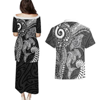 Aotearoa Maori Sea Animals Tribal Couples Matching Puletasi and Hawaiian Shirt Manta Ray and Shark Moko Pattern Black Color