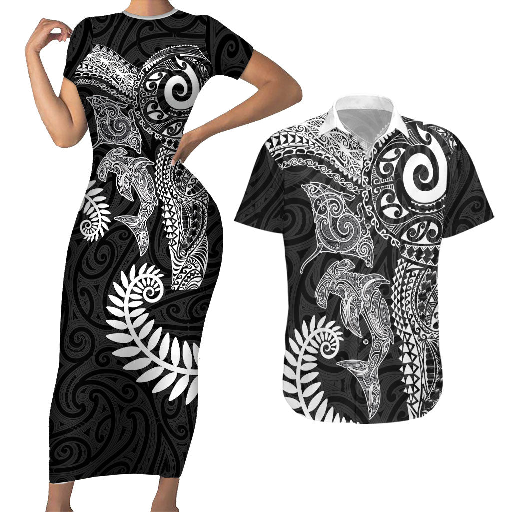 Aotearoa Maori Sea Animals Tribal Couples Matching Short Sleeve Bodycon Dress and Hawaiian Shirt Manta Ray and Shark Moko Pattern Black Color