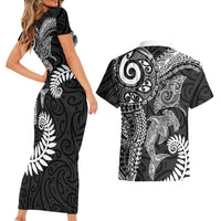 Aotearoa Maori Sea Animals Tribal Couples Matching Short Sleeve Bodycon Dress and Hawaiian Shirt Manta Ray and Shark Moko Pattern Black Color