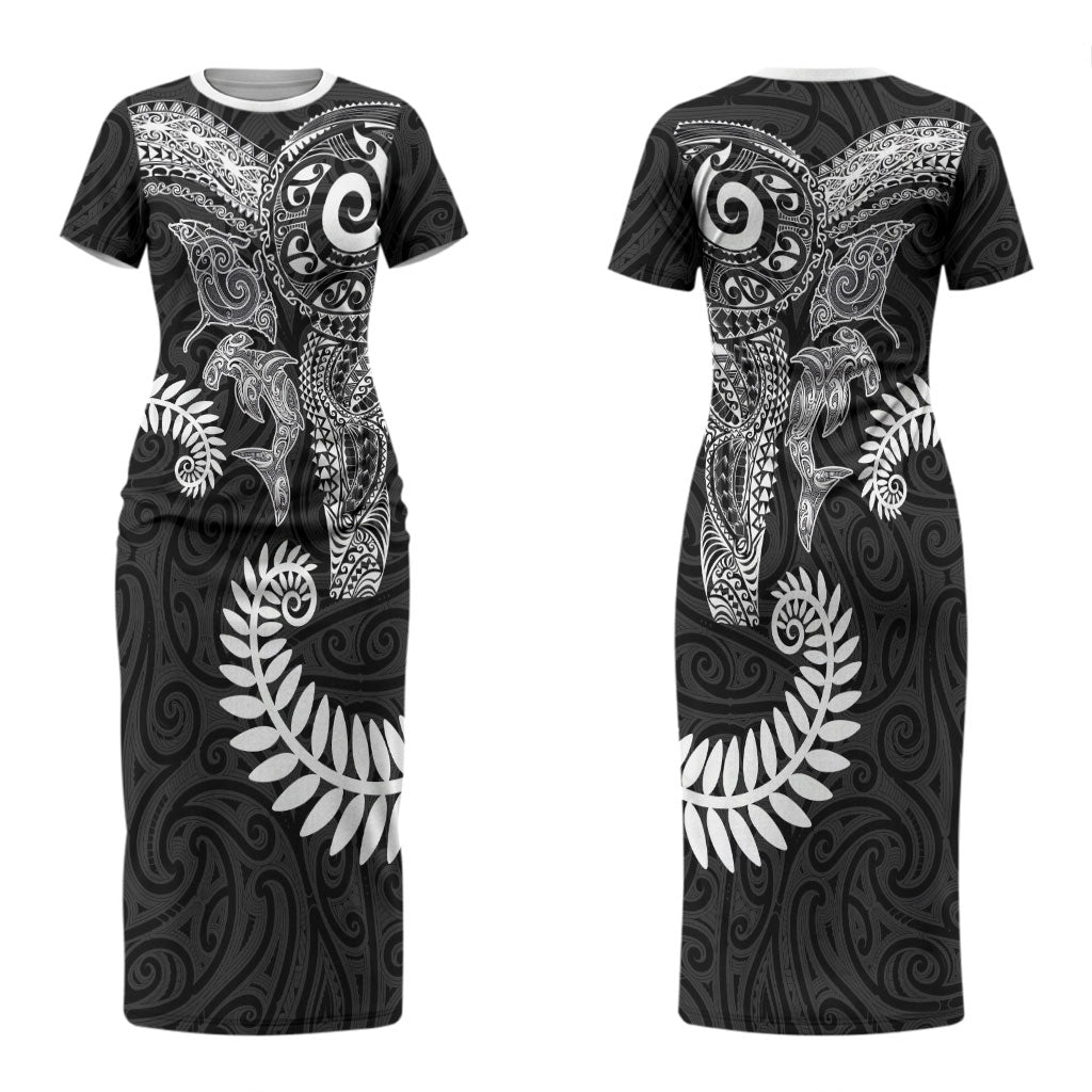 Aotearoa Maori Sea Animals Tribal Couples Matching Short Sleeve Bodycon Dress and Hawaiian Shirt Manta Ray and Shark Moko Pattern Black Color LT03 - Polynesian Pride