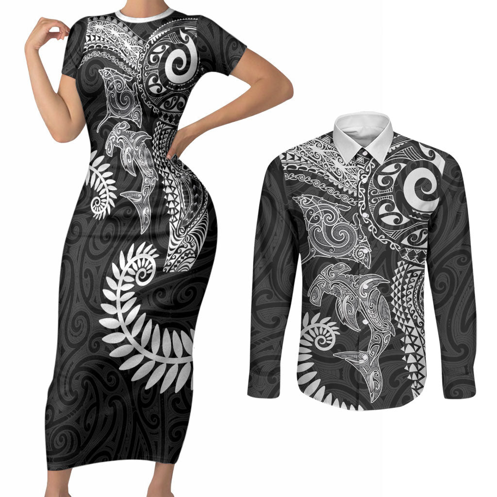 Aotearoa Maori Sea Animals Tribal Couples Matching Short Sleeve Bodycon Dress and Long Sleeve Button Shirt Manta Ray and Shark Moko Pattern Black Color LT03 Black - Polynesian Pride