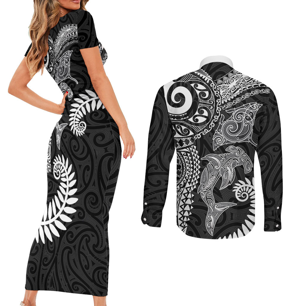 Aotearoa Maori Sea Animals Tribal Couples Matching Short Sleeve Bodycon Dress and Long Sleeve Button Shirt Manta Ray and Shark Moko Pattern Black Color