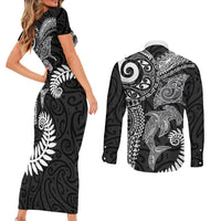 Aotearoa Maori Sea Animals Tribal Couples Matching Short Sleeve Bodycon Dress and Long Sleeve Button Shirt Manta Ray and Shark Moko Pattern Black Color