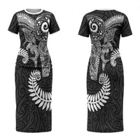 Aotearoa Maori Sea Animals Tribal Couples Matching Short Sleeve Bodycon Dress and Long Sleeve Button Shirt Manta Ray and Shark Moko Pattern Black Color LT03 - Polynesian Pride