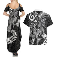 Aotearoa Maori Sea Animals Tribal Couples Matching Summer Maxi Dress and Hawaiian Shirt Manta Ray and Shark Moko Pattern Black Color