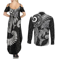 Aotearoa Maori Sea Animals Tribal Couples Matching Summer Maxi Dress and Long Sleeve Button Shirt Manta Ray and Shark Moko Pattern Black Color