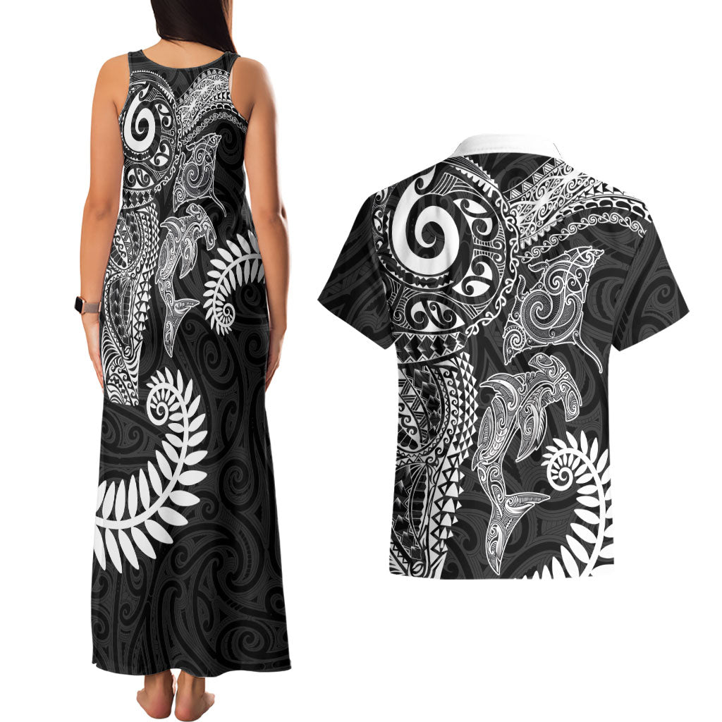 Aotearoa Maori Sea Animals Tribal Couples Matching Tank Maxi Dress and Hawaiian Shirt Manta Ray and Shark Moko Pattern Black Color
