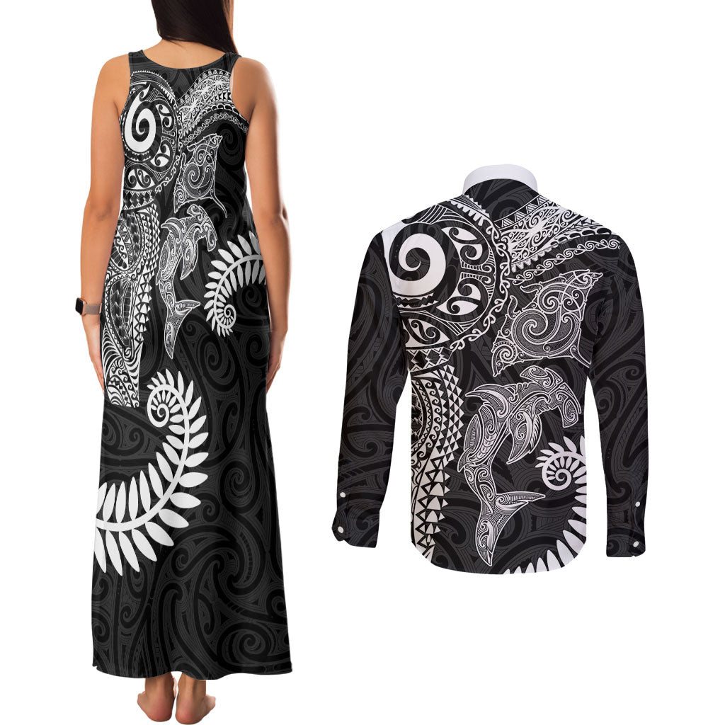 Aotearoa Maori Sea Animals Tribal Couples Matching Tank Maxi Dress and Long Sleeve Button Shirt Manta Ray and Shark Moko Pattern Black Color