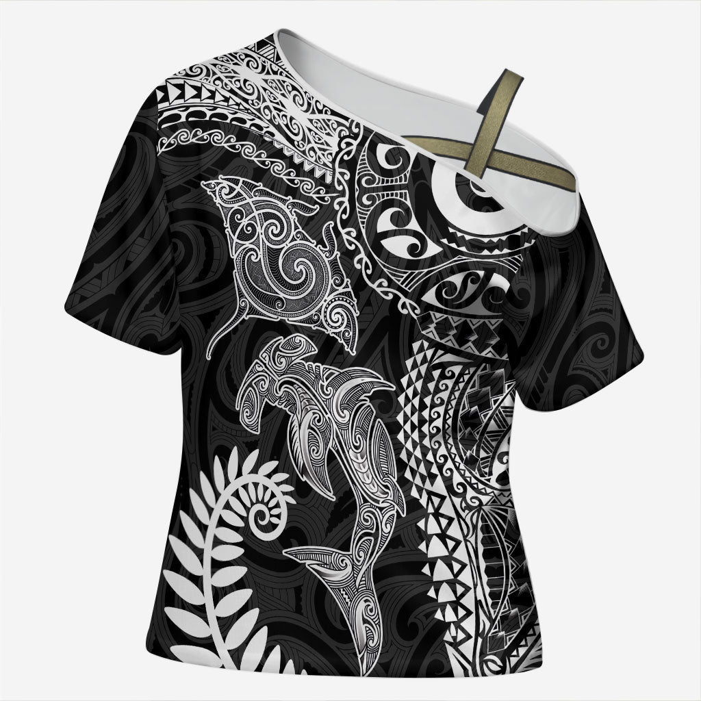 Aotearoa Maori Sea Animals Tribal Cross Shoulder Shirt Manta Ray and Shark Moko Pattern Black Color
