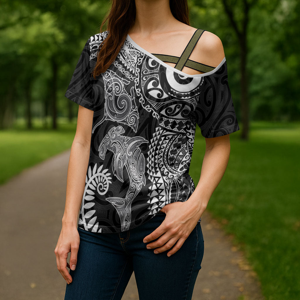 Aotearoa Maori Sea Animals Tribal Cross Shoulder Shirt Manta Ray and Shark Moko Pattern Black Color