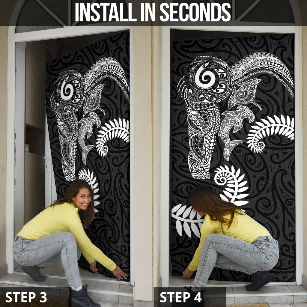 Aotearoa Maori Sea Animals Tribal Door Cover Manta Ray and Shark Moko Pattern Black Color