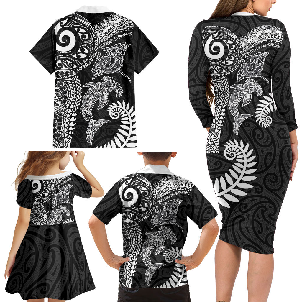 Aotearoa Maori Sea Animals Tribal Family Matching Long Sleeve Bodycon Dress and Hawaiian Shirt Manta Ray and Shark Moko Pattern Black Color