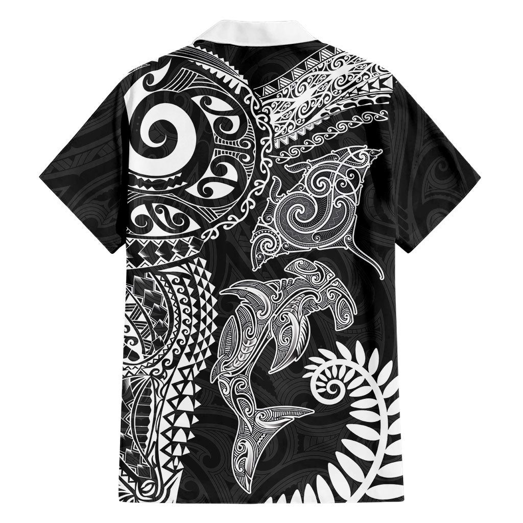 Aotearoa Maori Sea Animals Tribal Family Matching Long Sleeve Bodycon Dress and Hawaiian Shirt Manta Ray and Shark Moko Pattern Black Color